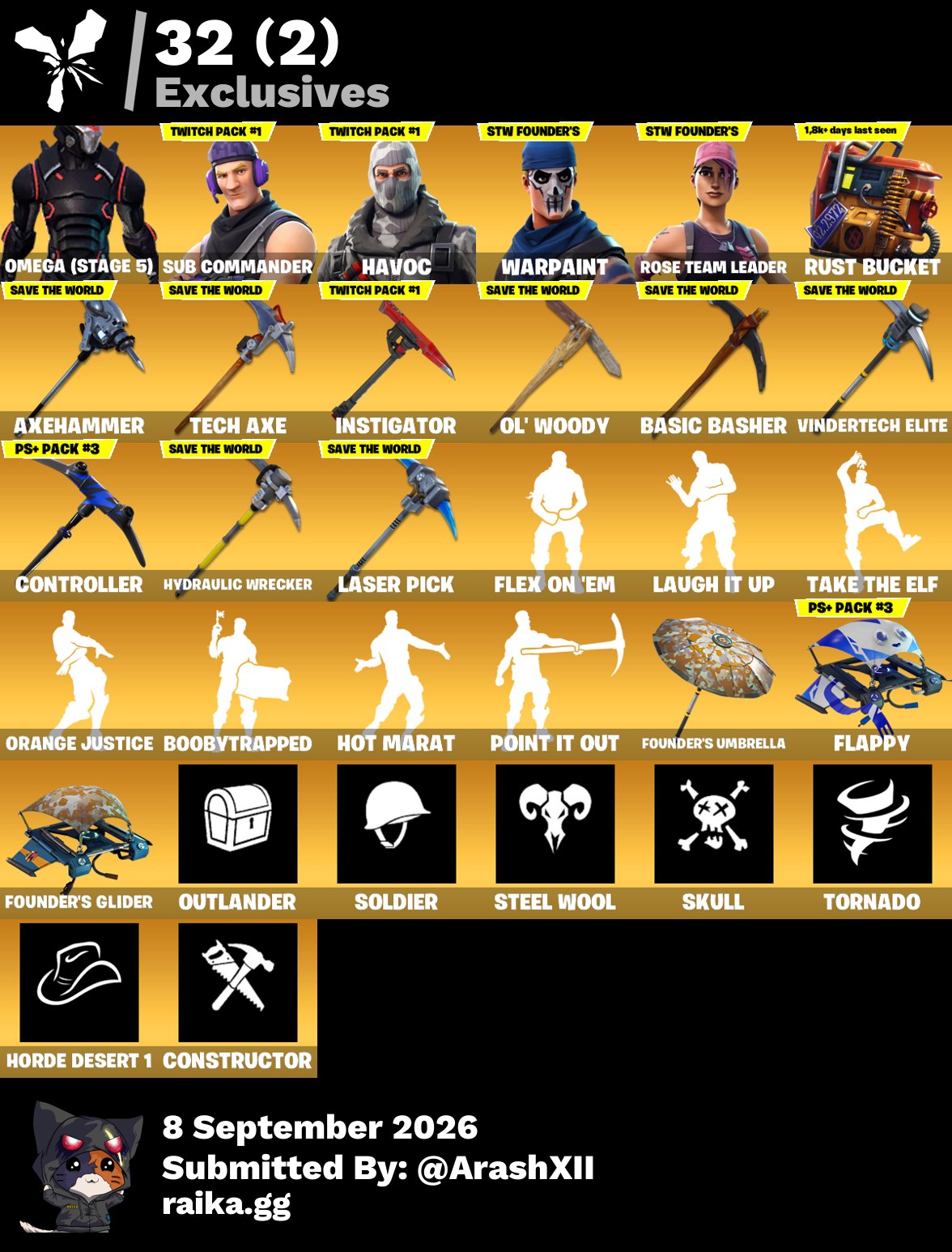  93 skins | OG STW | Omega (stage 5) | Sub Commander | Havoc | Ultima Knight | Valor | Ruin | Dire | Hybrid | Blackheart | Enforcer | Zenith | 500 VB